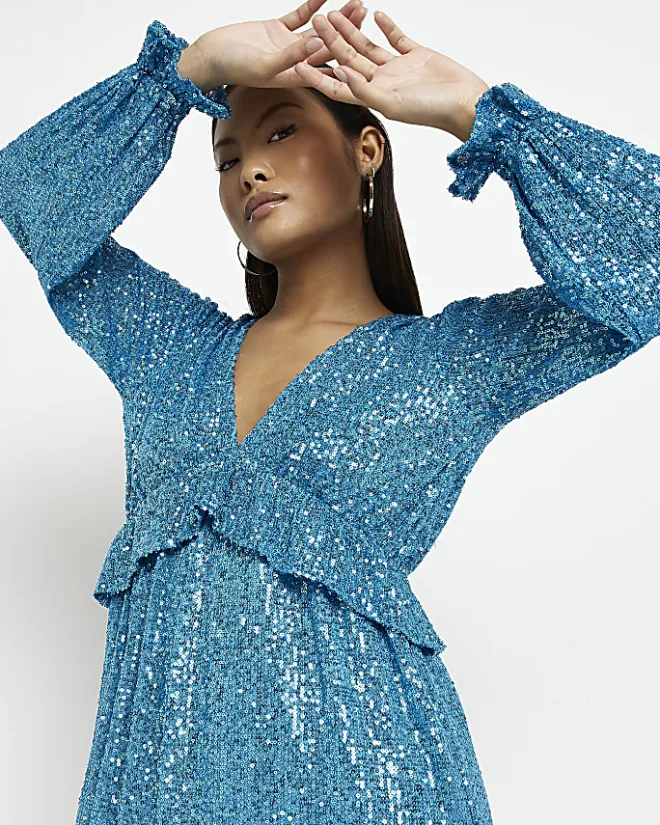River Island Petite sequin frill midi dress Blue Discount