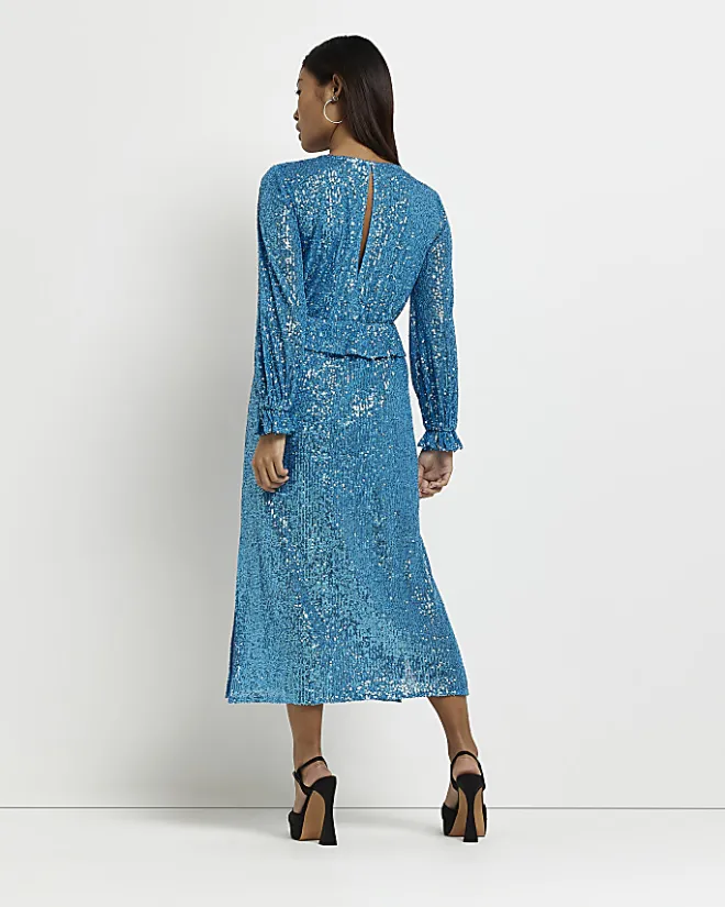River Island Petite sequin frill midi dress Blue Discount