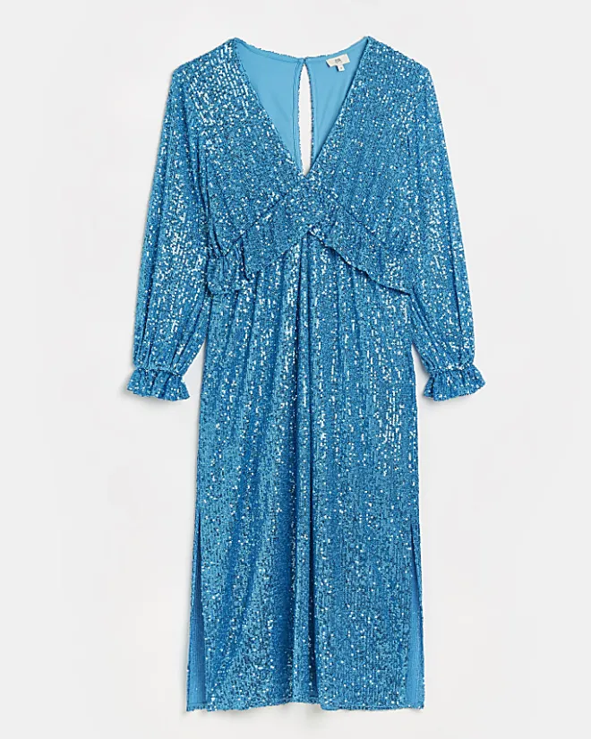 River Island Petite sequin frill midi dress Blue Discount