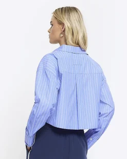 River Island Petite stripe crop shirt Blue Clearance
