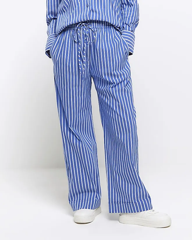 River Island Petite stripe poplin pull on trousers Blue Online