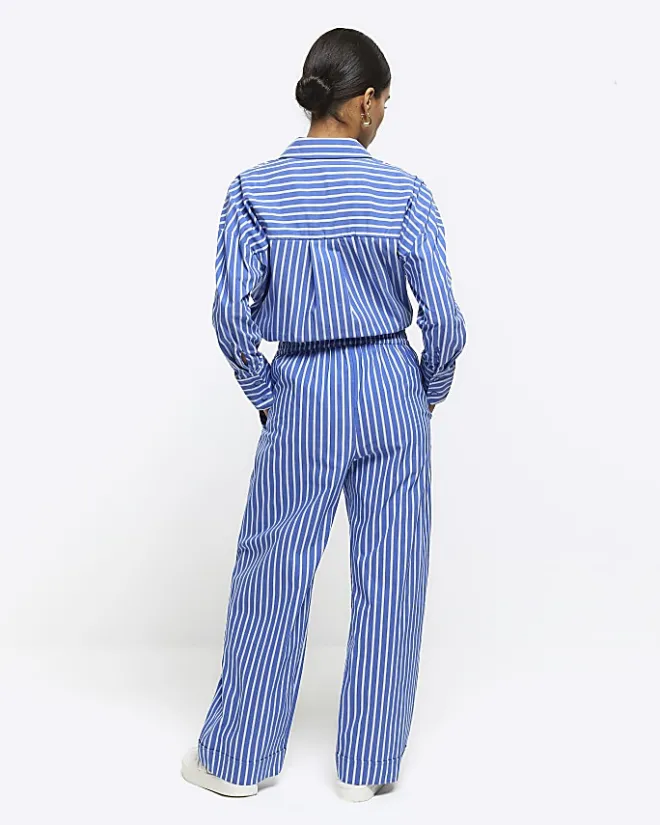 River Island Petite stripe poplin pull on trousers Blue Online