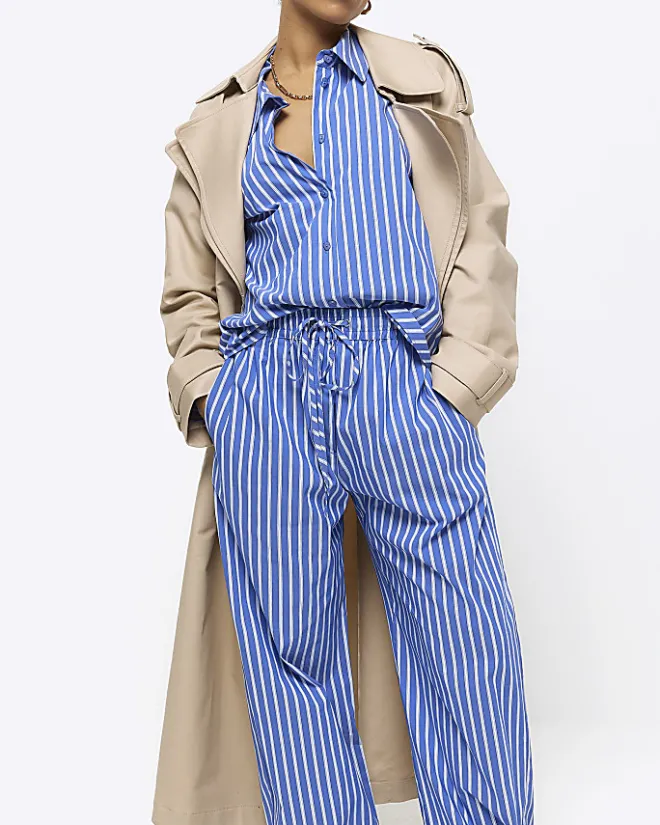 River Island Petite stripe poplin pull on trousers Blue Online