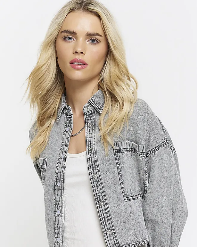 River Island Petite crop denim shirt Grey Sale