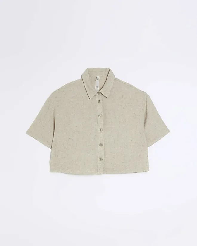 River Island Petite stone crop shirt with linen Cream Hot