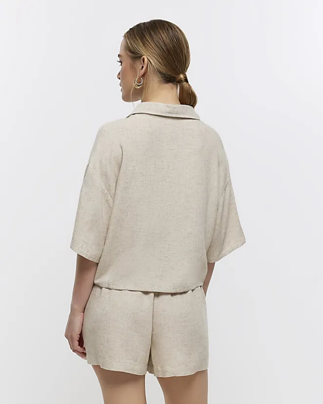 River Island Petite stone crop shirt with linen Cream Hot