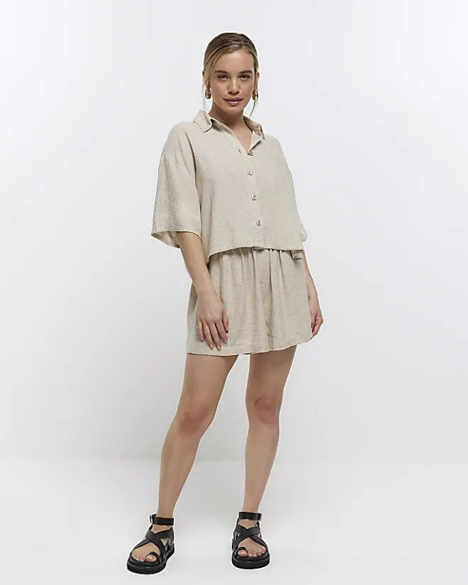 River Island Petite stone crop shirt with linen Cream Hot