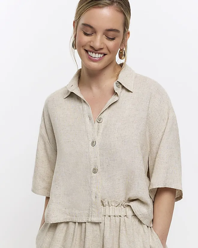 River Island Petite stone crop shirt with linen Cream Hot