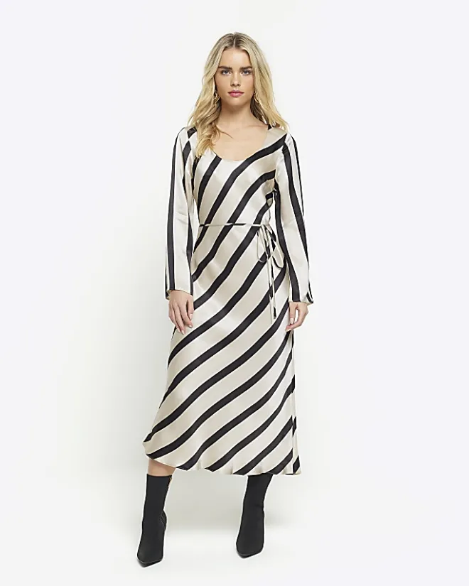 River Island Petite satin stripe slip midi dress White Fashion