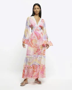 River Island chiffon abstract print beach maxi dress Pink Discount