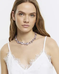 River Island diamante collar necklace Pink Online