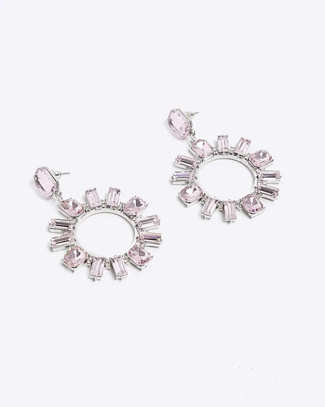 River Island diamante open circle drop earrings Pink Online