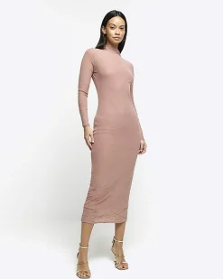 River Island mesh long sleeve bodycon midi dress Pink Discount