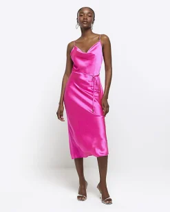 River Island satin cowl neck slip midi dress Pink Discount