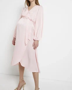 River Island satin maternity wrap midi dress Pink Outlet