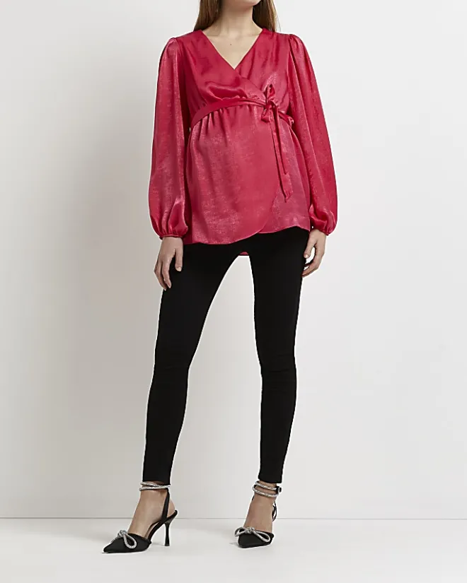 River Island satin maternity wrap blouse Pink Clearance