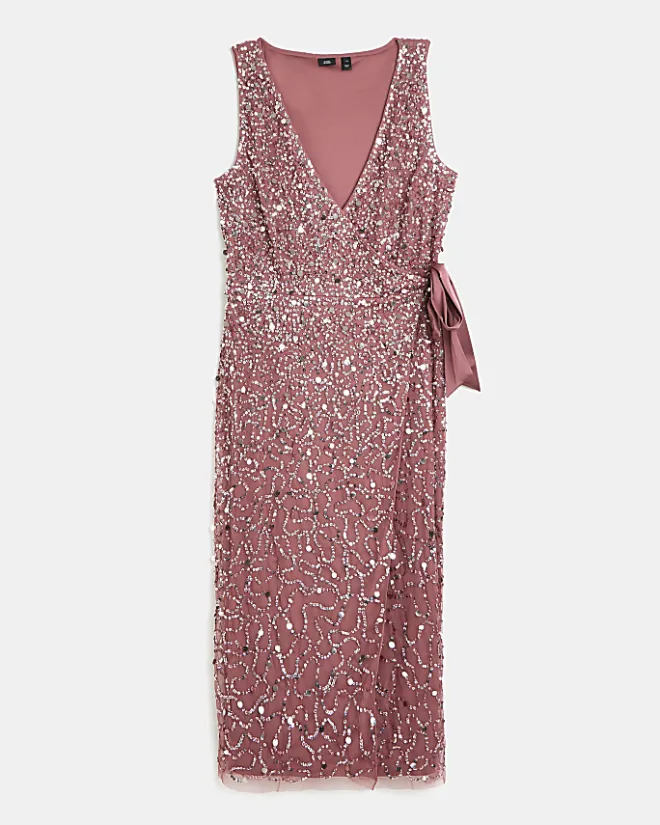 River Island Sequin Wrap Midi Dress Pink Sale