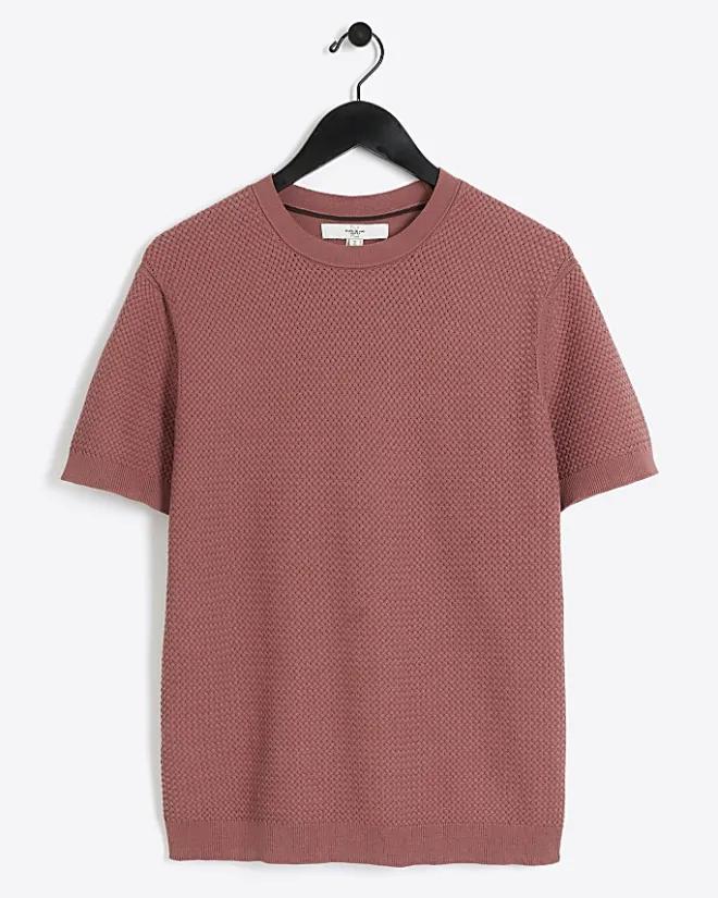 River Island slim fit textured knit t-shirt Pink Online