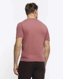 River Island slim fit textured knit t-shirt Pink Online