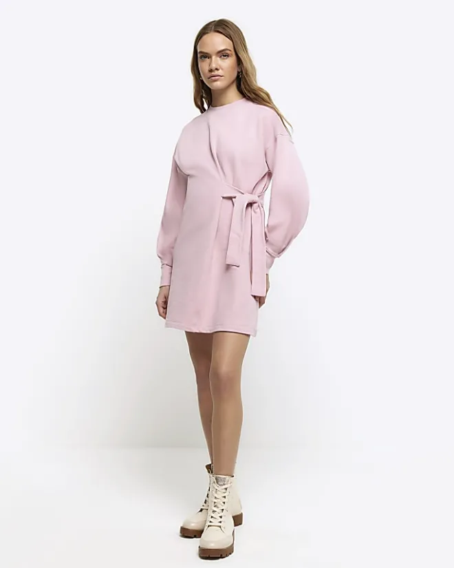 River Island tie side sweatshirt mini dress Pink Fashion