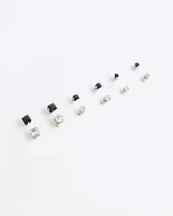 River Island 9pk diamante stud earrings Black Online