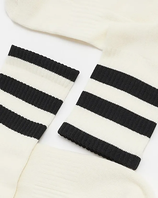 River Island 3PK ecru stripe midi tube socks Stone Fashion