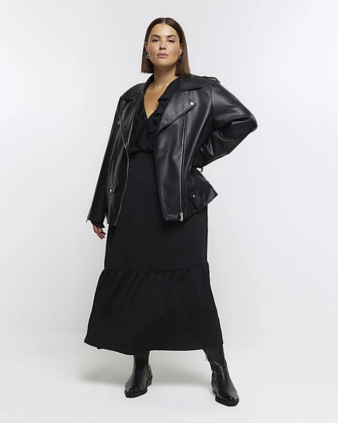 River Island Plus frill swing maxi dress Black Hot