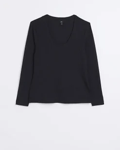 River Island Plus ribbed scoop neck long sleeve top Black New