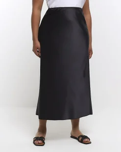 River Island Plus satin midi skirt Black New