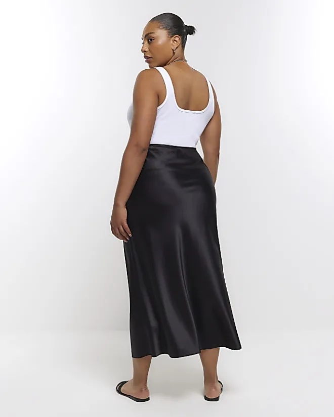 River Island Plus satin midi skirt Black New