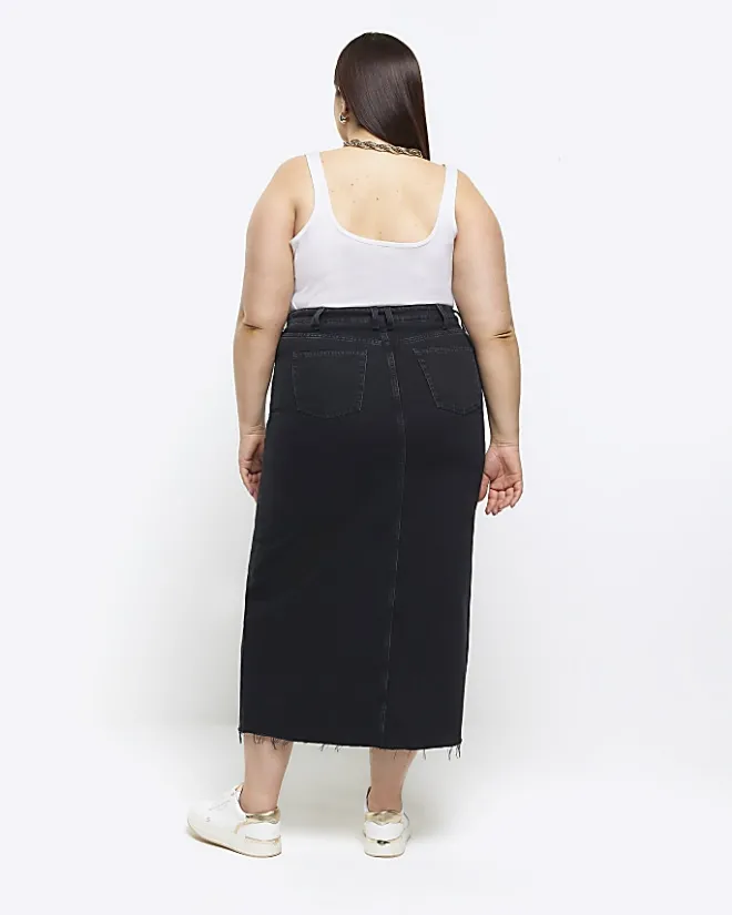 River Island Plus split hem denim midi skirt Black Online