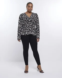 River Island Plus spot long sleeve blouse Black New