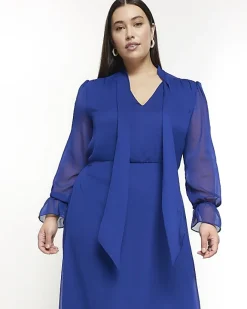 River Island Plus chiffon tie neck swing maxi dress Blue Outlet