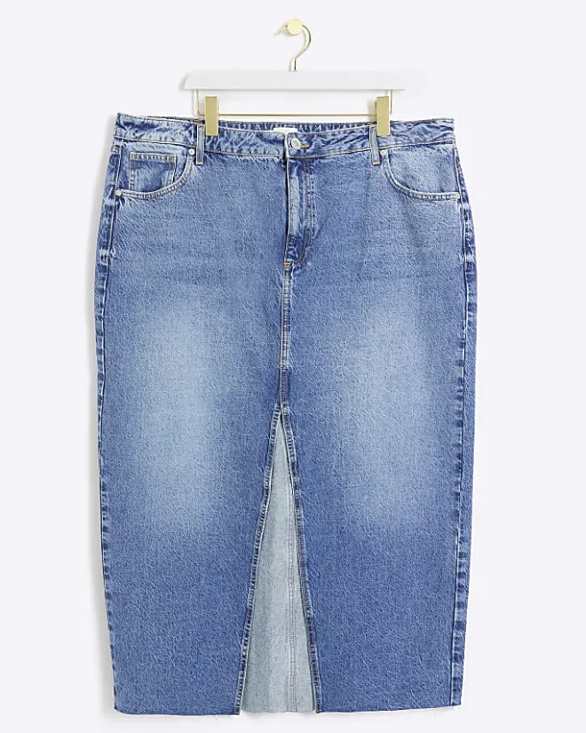 River Island Plus split hem denim midi skirt Blue Clearance