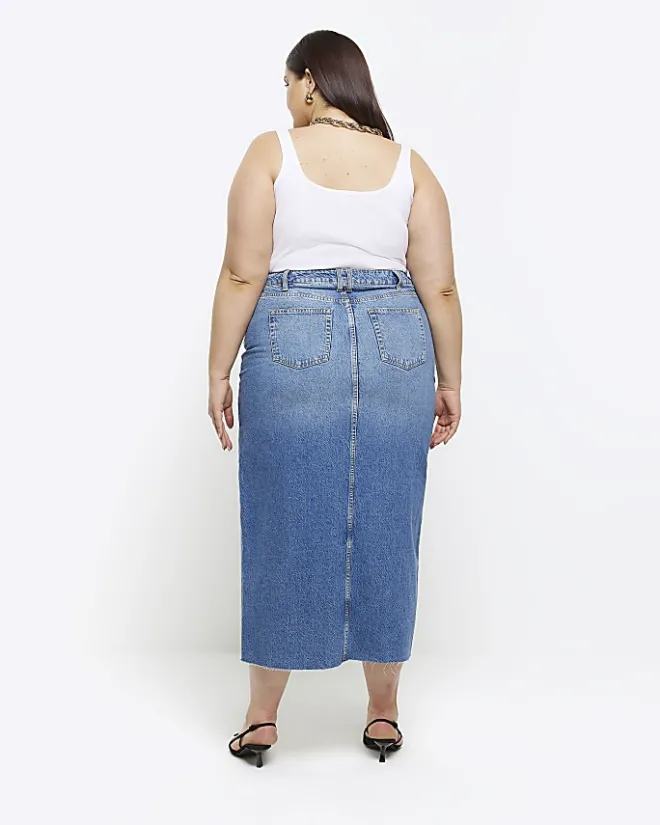 River Island Plus split hem denim midi skirt Blue Clearance