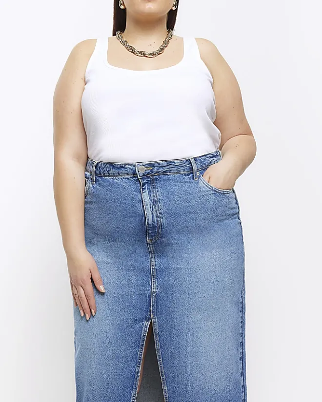 River Island Plus split hem denim midi skirt Blue Clearance