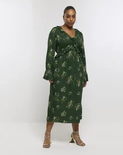 River Island Plus floral frill swing midi dress Green Fashion