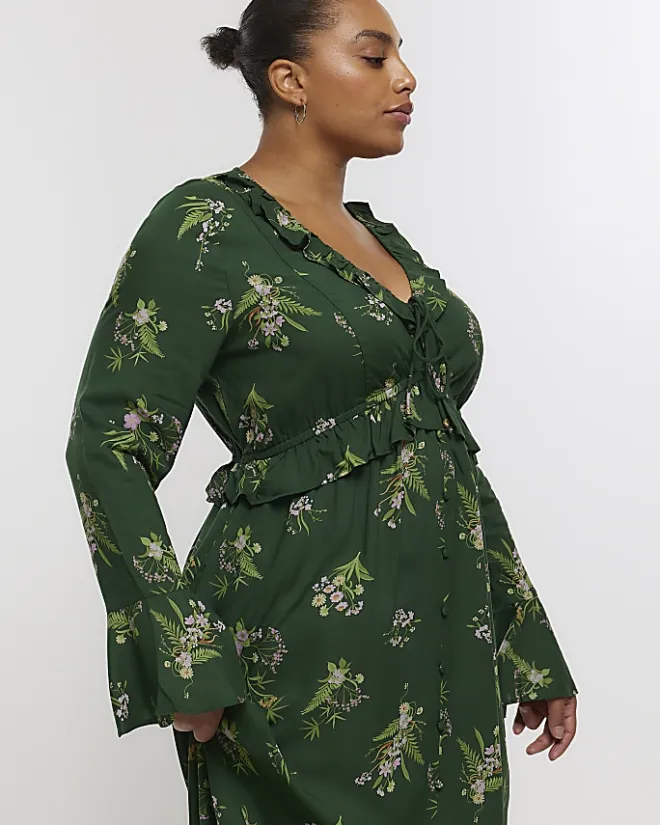 River Island Plus floral frill swing midi dress Green Fashion