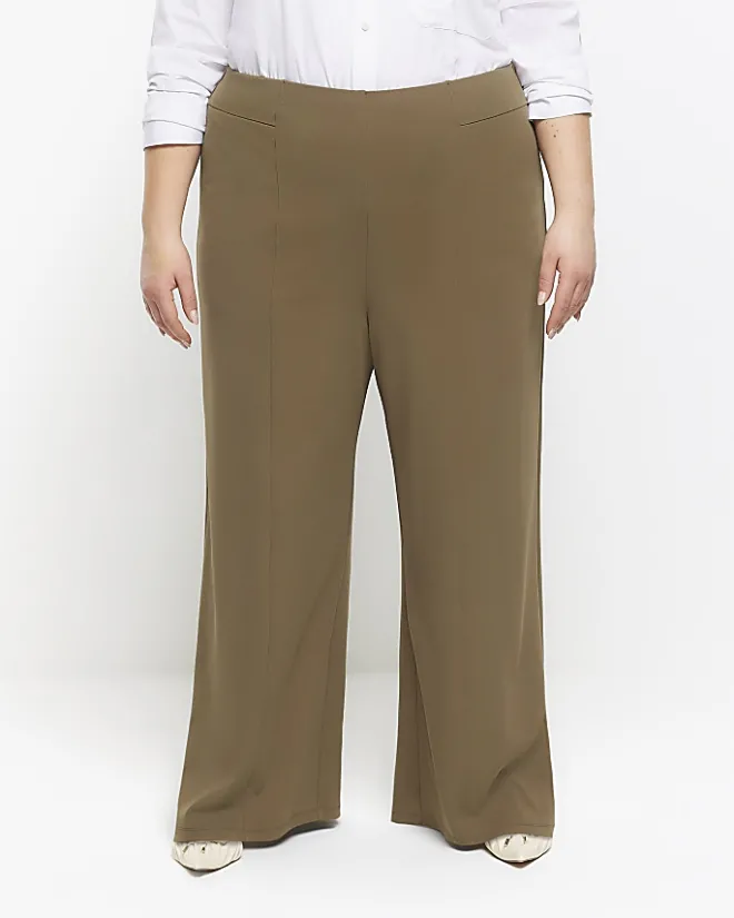 River Island Plus stitched wide leg trousers Khaki Clearance