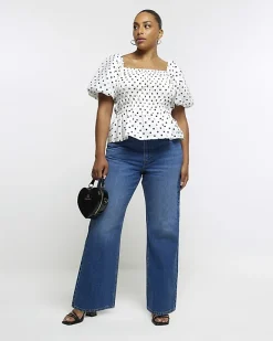 River Island Plus Polka Dot Shirred Bardot Top White Hot