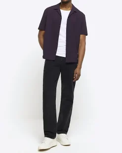 River Island regular fit seersucker revere shirt Purple Clearance