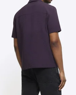 River Island regular fit seersucker revere shirt Purple Clearance