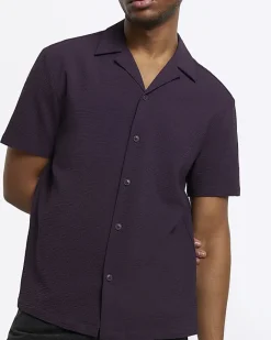 River Island regular fit seersucker revere shirt Purple Clearance