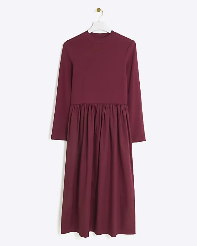 River Island rib long sleeve smock midi dress Red Discount