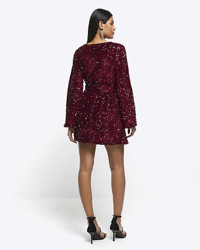 River Island sequin tie waist shift mini dress Red Online