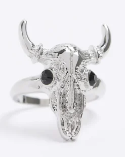 River Island Silver Bull Head Ring Grey New