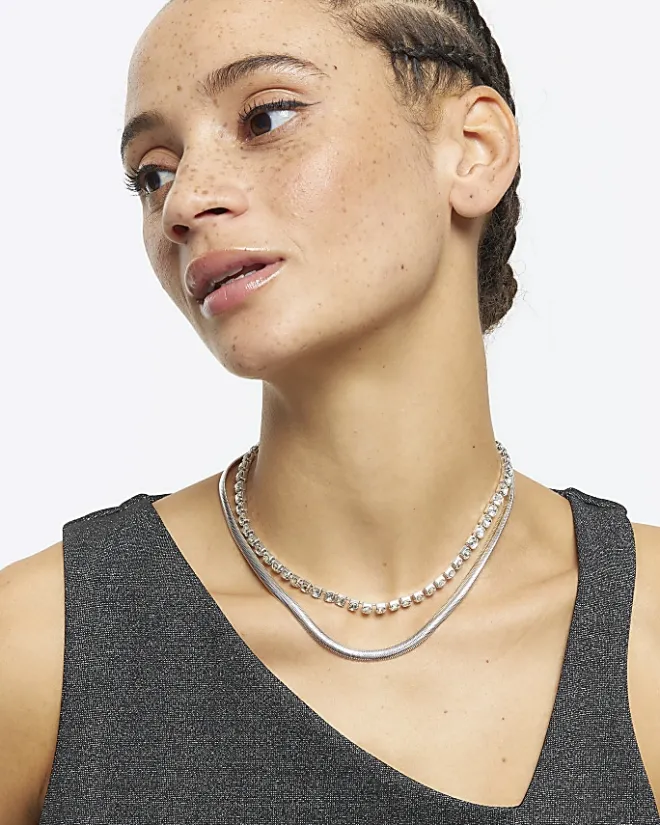 River Island Silver Chain Choker Necklace Grey Clearance