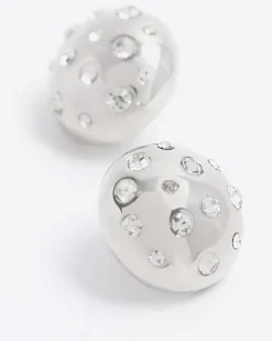 River Island Silver chunky diamante stud earrings Grey Clearance