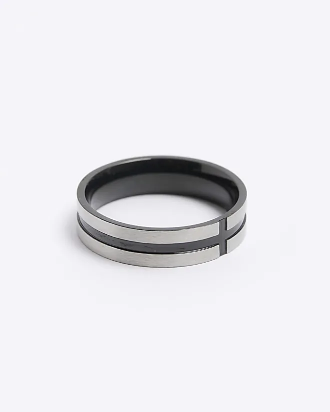 River Island Silver colour stainless steel cross ring Grey Discount