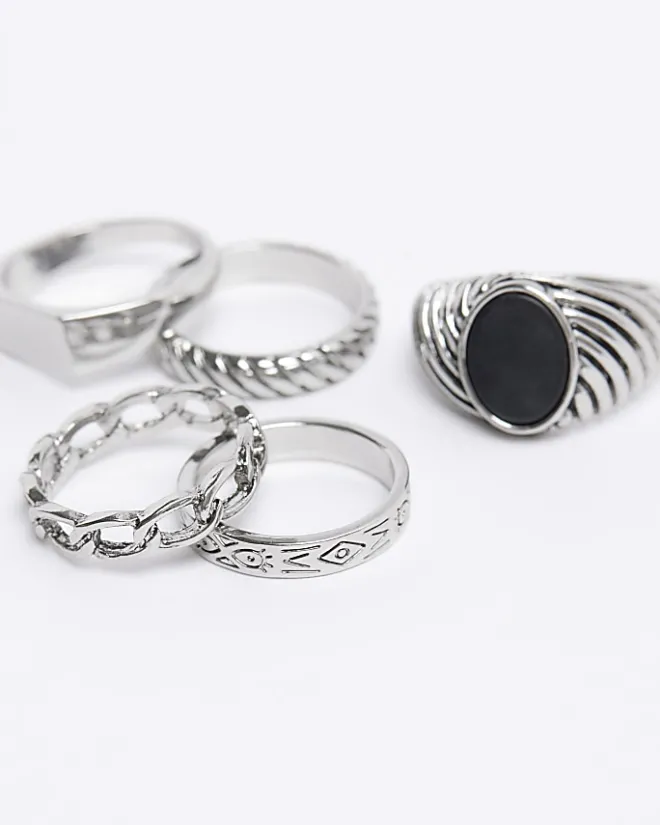 River Island Silver colour stone textured ring multipack Grey Online